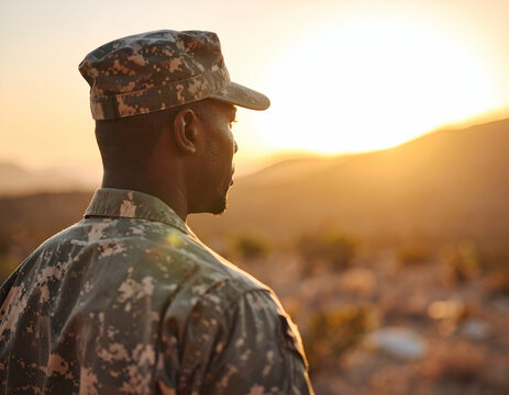 Veteran Soldier Contemplating at Sunset A Powerful Image of Reflection and Remembrance - Powered by Adobe