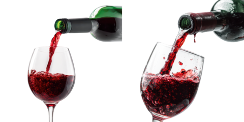 Red wine is being poured from a green bottle into a clear wine glass, creating a swirling effect