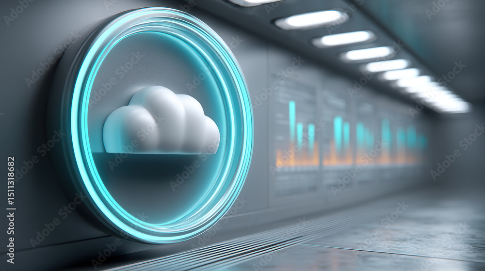 Poster cloud warehouse management software concept with futuristic digital interface and data analytics dis