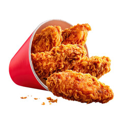Crispy fried chicken pieces are piled in a red bucket, showcasing a golden, crunchy coating