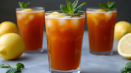 Fototapeta premium Refreshing iced tea drink with lemon and mint garnish in glasses