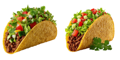 Two crispy tacos filled with seasoned ground beef, lettuce, diced tomatoes, onions, cheese, and fresh cilantro