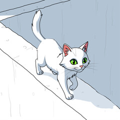 A white cartoon cat with green eyes is walking on a tall white wall.