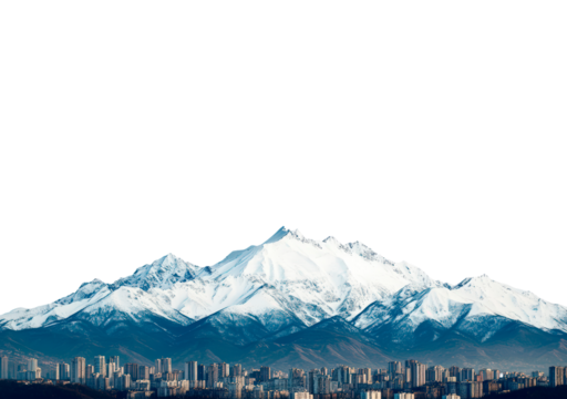 Snow-capped mountain rises above a bustling city skyline on transparent background, PNG