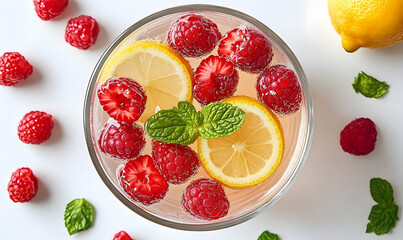 Refreshing raspberry and lemon drink with mint in glass overhead view