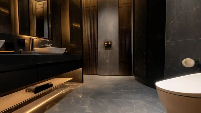Modern bathroom interior with black marble walls, illuminated vanity, and sleek, minimalist design for luxury living.