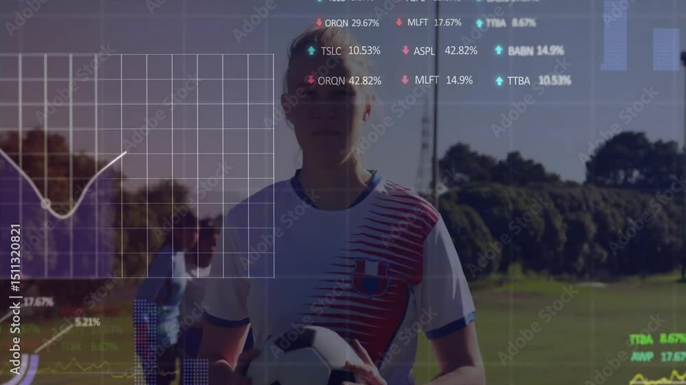 Poster soccer player holding ball on field with grid overlay fading in analyzing sports metrics realtime