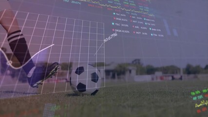Female soccer player entering frame and kicking ball while sports tech grid updating percentages - Powered by Adobe