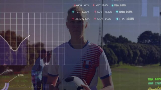 Soccer player holding ball on field with grid overlay fading in analyzing sports metrics realtime - Powered by Adobe