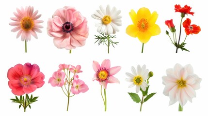 A collection of ten different flower types with varying colors and petal arrangements on white background