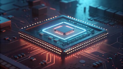Fototapeta premium Central Processing Unit: A close-up shot of a powerful central processing unit (CPU) chip, glowing with vibrant blue and orange light, set against a complex network of circuitry. 