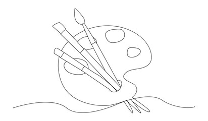 Continuous one line art of a art materials. Artsy brushes and painting palette one line drawing vector illustration.