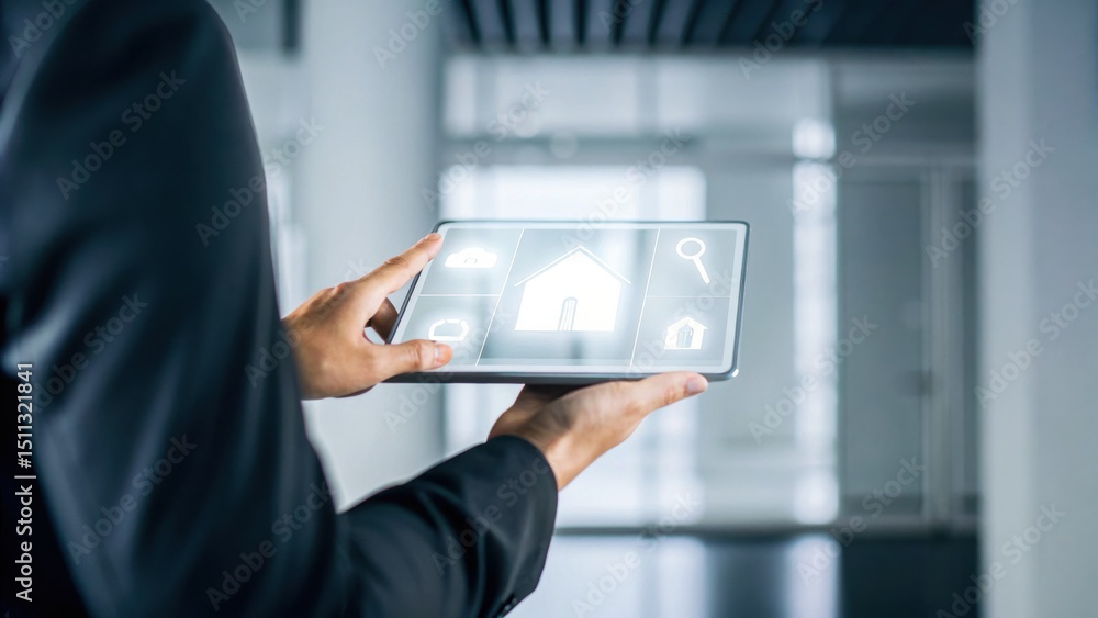 Poster a man in a suit uses a digital tablet with smart home interface icons on the screen in a modern offi
