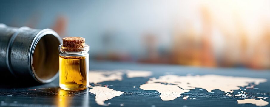 Oil industry impact affect crude market and global investment concept. Travel essentials including a map and a vial of golden oil.