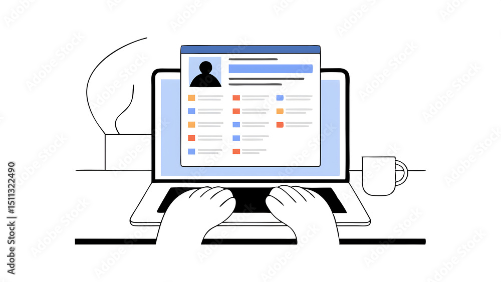 Poster human using a computer laptop for searching for job and fill out personal data on job website to fil