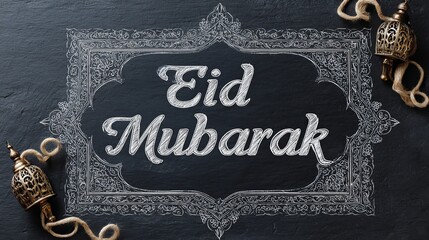 Elegant Eid Mubarak Chalkboard Design Festive Islamic Greeting Card Background Ornate Frame Decoration Traditional Arabic Calligraphy Holiday Wishes Textured Dark Surface
