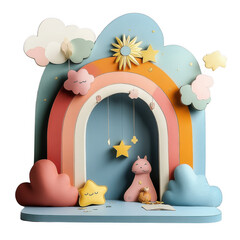 Whimsical children play area features colorful rainbow arch with pastel clouds, sun, and stars. cute pink animal figure and star pillow add charm to playful scene