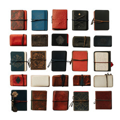 Collection of various leather bound journals and notebooks with intricate designs and diverse colors, including red, blue, and brown, arranged in grid pattern