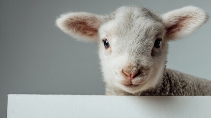Adorable Baby Lamb Peeking Over White Board Sweet Fluffy Animal Farm Spring Lambkin Cute Innocent Gentle Creature Farm Animal Photography Soft Fur White Background pet   