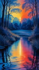 Vibrant sunset reflections along a serene river in a tranquil forest setting showcasing vibrant colors and peaceful ambiance