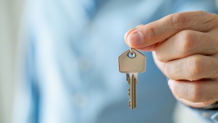 A hand extends forward, presenting a single house key, symbolizing new home ownership, real estate transactions, or the concept of security and access.
