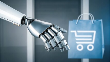A robotic hand reaches toward a shopping bag with a cart symbol, representing AI-driven or automated online shopping.