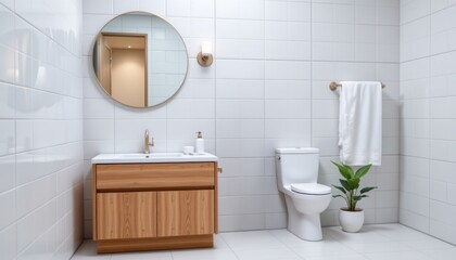 Modern bathroom with wooden vanity and circular mirror.