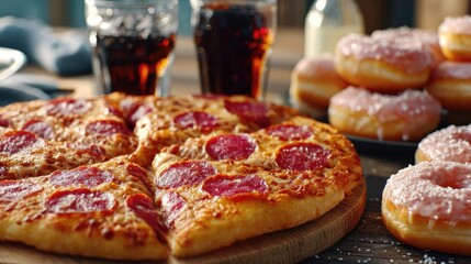 Cheat day obesity caused by unhealthy snack intake concept. Delicious pizza with pepperoni, donuts, and refreshing drinks.