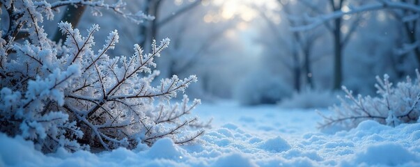 A frosty winter landscape, ice crystals clinging to branches, snow covering the ground, creating a serene and cold atmosphere Perfect for winter, holiday, or nature themes , cold, glacial, nature