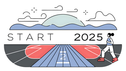 new year resolution 2025 concept word start 2025 written on athletics track and athlete woman runner preparing for new year at sunset for challenge and change planning health and the goal t 54552164 2