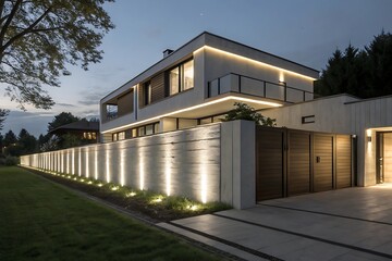 Modern luxury house exterior at night with LED lighting. Contemporary residential architecture featuring concrete fence, illuminated facade, landscaped yard, and elegant energy-efficient outdoor .