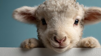 Adorable Fluffy Lamb Peeking Over White Surface Sweet Innocent Baby Animal Farm Nature Photography Soft Fur Close Up Cute Spring Easter pet wool eyes head sheep image    