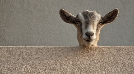 Curious Goat Peeking Over Wall Adorable Farm Animal Grey Brown Goat Head Shot Smiling Friendly Countryside Nature Wildlife Photography Rural Scene Domestic Animal pet    