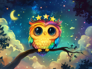 Obraz premium Cute Whimsical Cartoon Owl Magic Night Forest Illustration Vibrant Bright Fantasy Surreal Enchanting Adorable Fairytale Artwork Mystical Colorful Stars Moon Twilight Sky Animal Fairy Fun Background