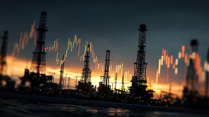 Oil industry impact affect crude market and global investment concept. Silhouetted oil rigs against a dramatic sunset and market trends.