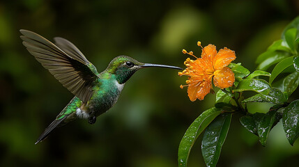 Fototapeta premium A hummingbird hovers near a vibrant orange flower.
