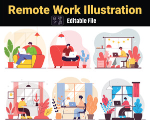 Remote Work from Home Illustrations | Cozy Workspace Vector Graphics | Editable Office Scenes for Freelancers & Designers