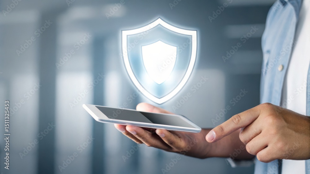 Poster a person uses a tablet with a digital security shield icon, representing cybersecurity and data prot