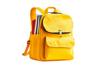 Yellow backpack filled with colorful notebooks on transparent background, PNG