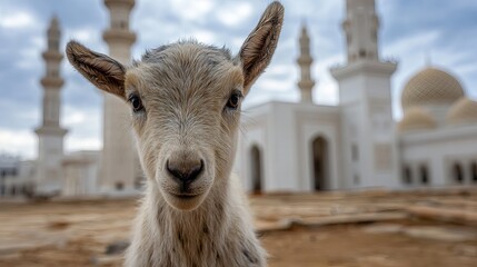 Adorable Young Goat Kid Close Up Portrait Near Mosque White Building Exterior Daytime Fluffy Animal Farm Cute pet calm gaze grey soft rural islam faith sweet brown light 