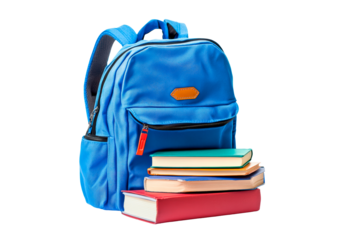 Blue backpack sits next to stacked books on transparent background, PNG