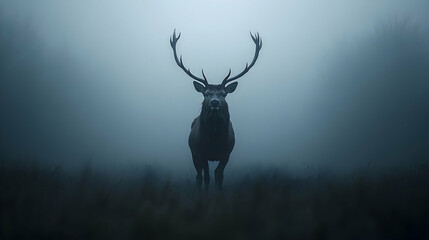 Naklejka premium Majestic stag in a misty landscape.