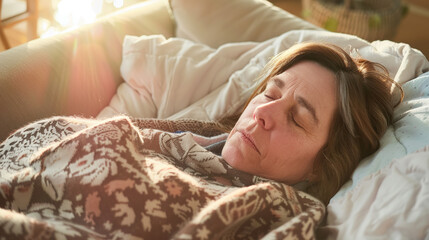 Tired exhausted woman resting on couch wrapped in blanket, recovering from sickness and fatigue, concept of health care, wellness and self care at home.
