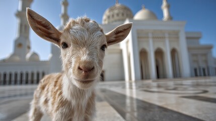 Adorable Baby Goat Kid Close Up Portrait Mosque Background Young Animal Fluffy Fur Sweet Expression Cute Friendly Farm Animal Domestic Goat White Brown Colors Spring     