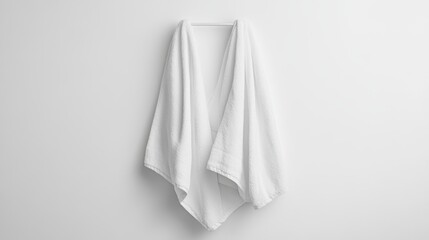 Clean white towel hangs against a white wall in a brightly lit setting. Use this for hygiene product ads or bathroom related content.
