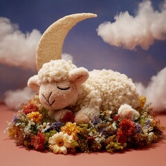 Adorable Sleeping Lamb Plush Toy on Flower Bed Peaceful Night Sky Crescent Moon Dreamscape Soft Toy Sweet Dreams Nursery Decor Childrens Room Decoration kid cute calm    
