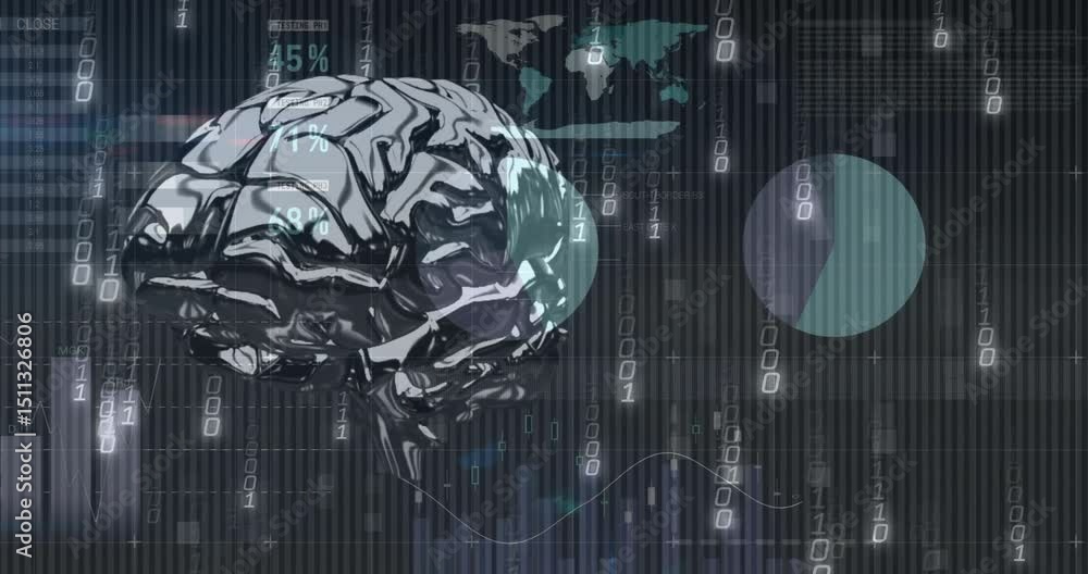 Poster on 3d brain model appearing over binary grid, data overlays animating to show live analytics