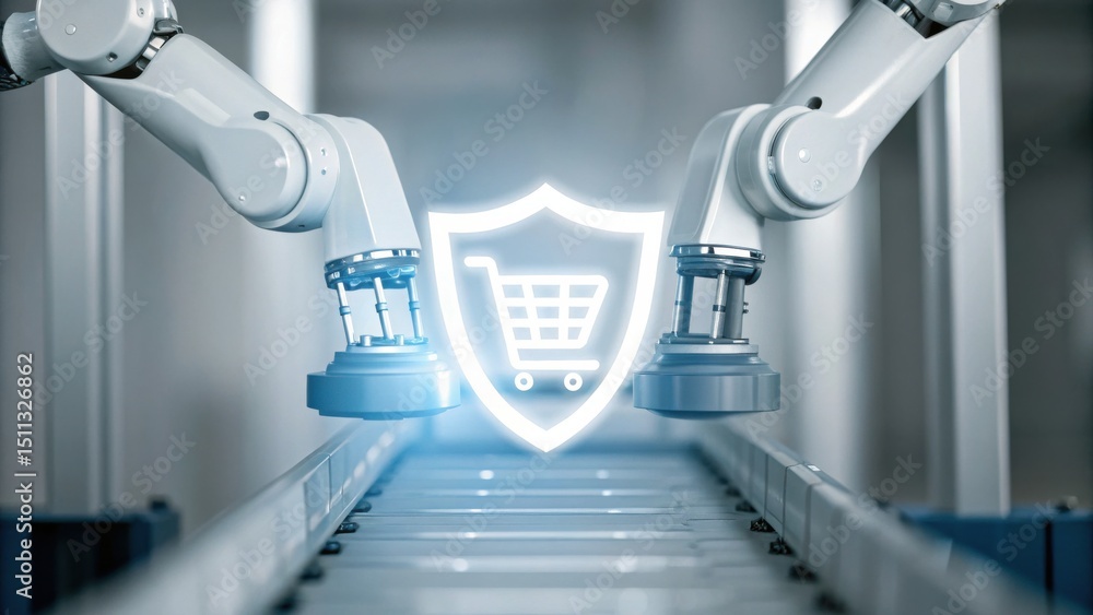 Poster two robotic arms work on a conveyor belt with a glowing shopping cart shield icon, symbolizing secur
