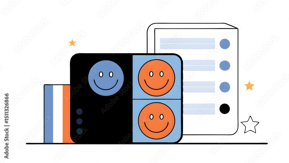 Poster the happy face smile face icon on a wooden cube for customer service evaluation customer satisfactio