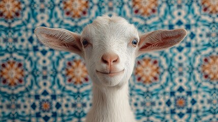 Adorable White Baby Goat Portrait Against Vibrant Blue and Orange Mandala Pattern Background Happy Young Kid Animal Photography Image Perfect for Print or Web Design     